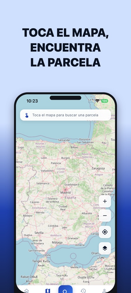 Mapa de España en la app con el aviso de tocar el mapa para buscar una parcela.