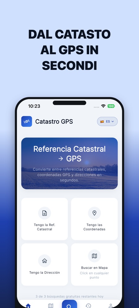Schermata iniziale dell'app Catasto GPS: converte riferimenti catastali, coordinate e indirizzi, o cerca toccando la mappa.
