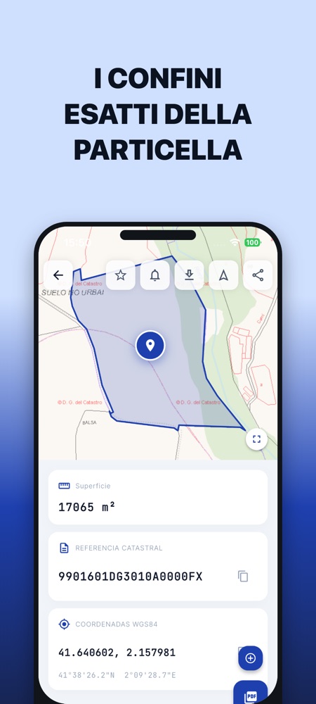 Dettaglio di una particella nell'app: poligono ufficiale sulla mappa catastale, superficie, riferimento e coordinate WGS84.