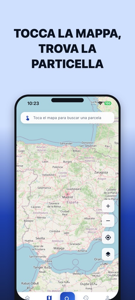 Mappa nell'app con l'invito a toccare la mappa per cercare una particella.